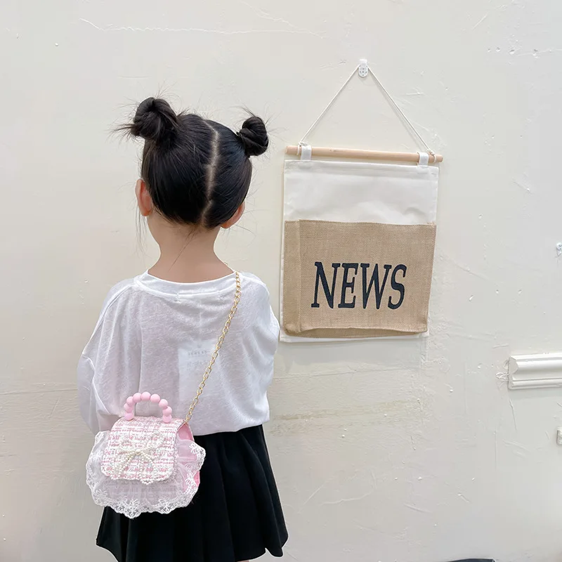 Petit sac à main avec nœud en dentelle pour enfants, sacs à bandoulière pour filles, poignée perlée, sac à main pour bébé, doux, initié au beurre de