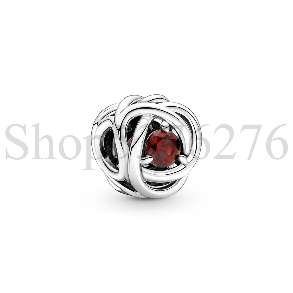 Real 925 Sterling Silver Bead Eternity Circle Twelve Months Birthstone Charm Fit Pandora Women Bracelet Bangle Gift DIY Jewelry