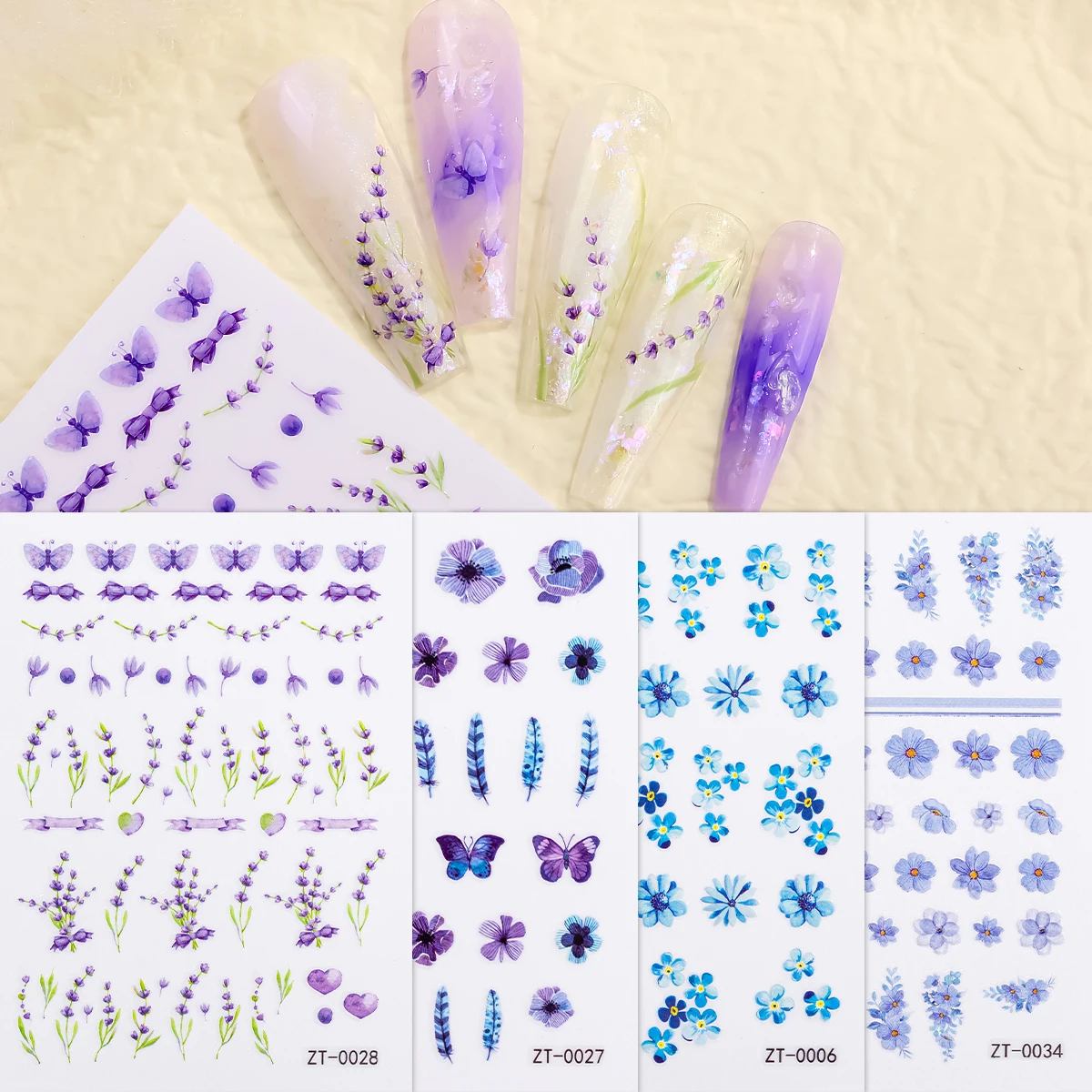 

4pcs Purple Flowers Nail Stickers Spring Floral Butterfly Leaves Charms Nail Art Decoration Slider DIY Manicure Decals