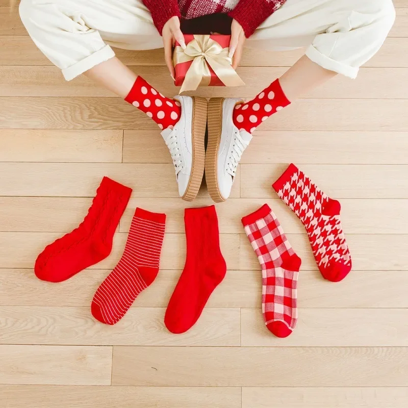 Calcetines de tubo medianos de Navidad rojos para hombres y mujeres, parejas, calcetines de Año Nuevo, Otoño e Invierno