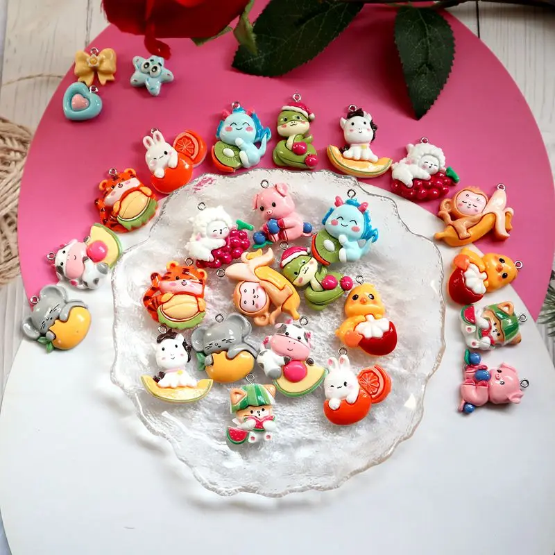 6PCS Kawaii 12 Zodiac Cartoon Resin Pendant Colorful Cute Pet Flat Back DIY Necklace Earrings Bracelet Keychain AccessoriesS88