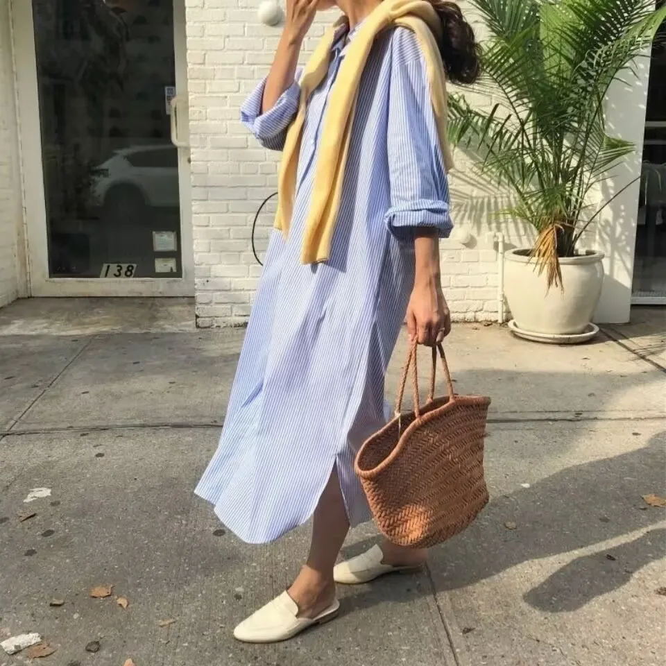 Women's Striped Dress Shirt Lapel Loose Button Cardigan Fashion Vacation Casual Street Midi Dresse Shirt