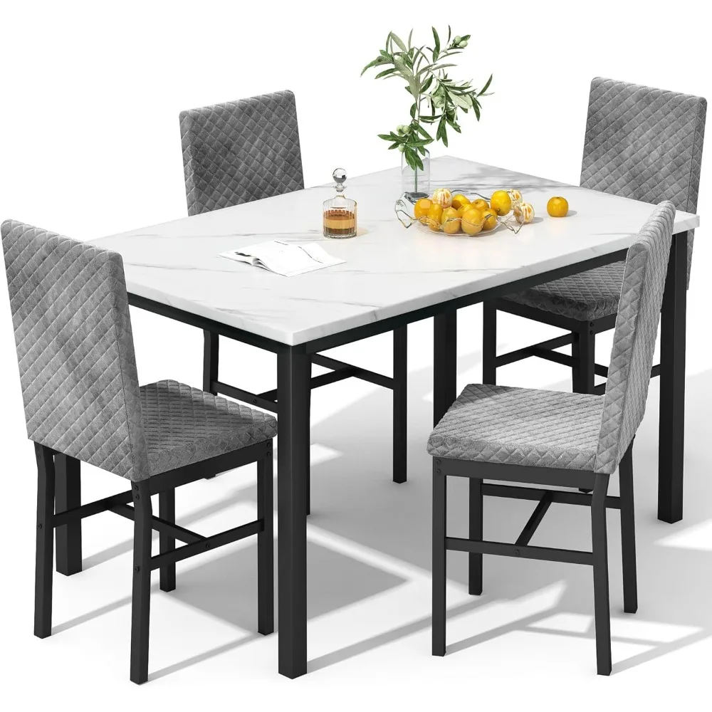 

Dining Table Set for 4, Modern 5 Piece Dining Table Set Faux Marble Kitchen Table & 4 Velvet Upholstered Chairs, Dining Room Se