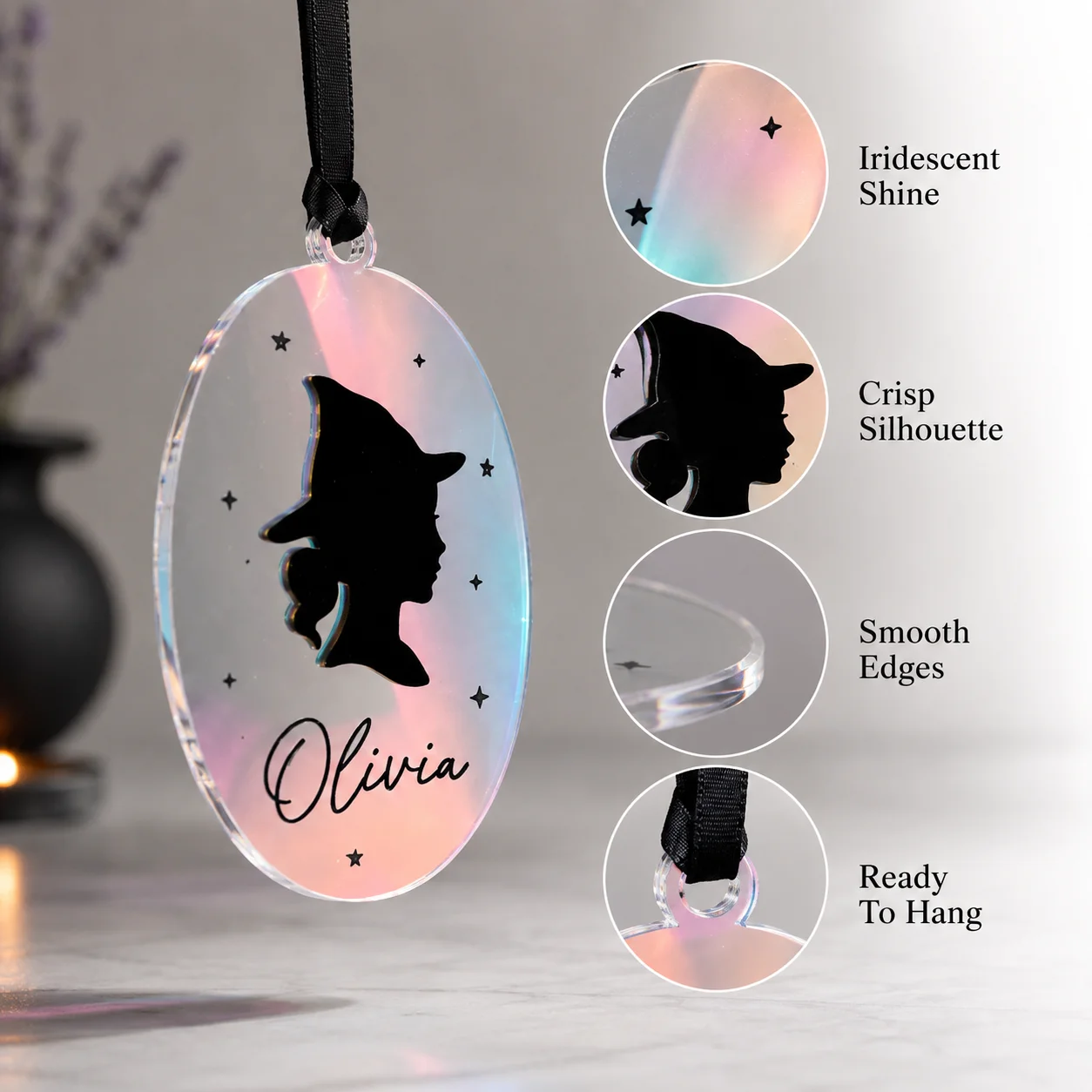 Custom Name Witch Silhouette Acrylic Tag ridescent Personalized Halloween Basket Label Pendant Boo Gift Basket Hanging Tag