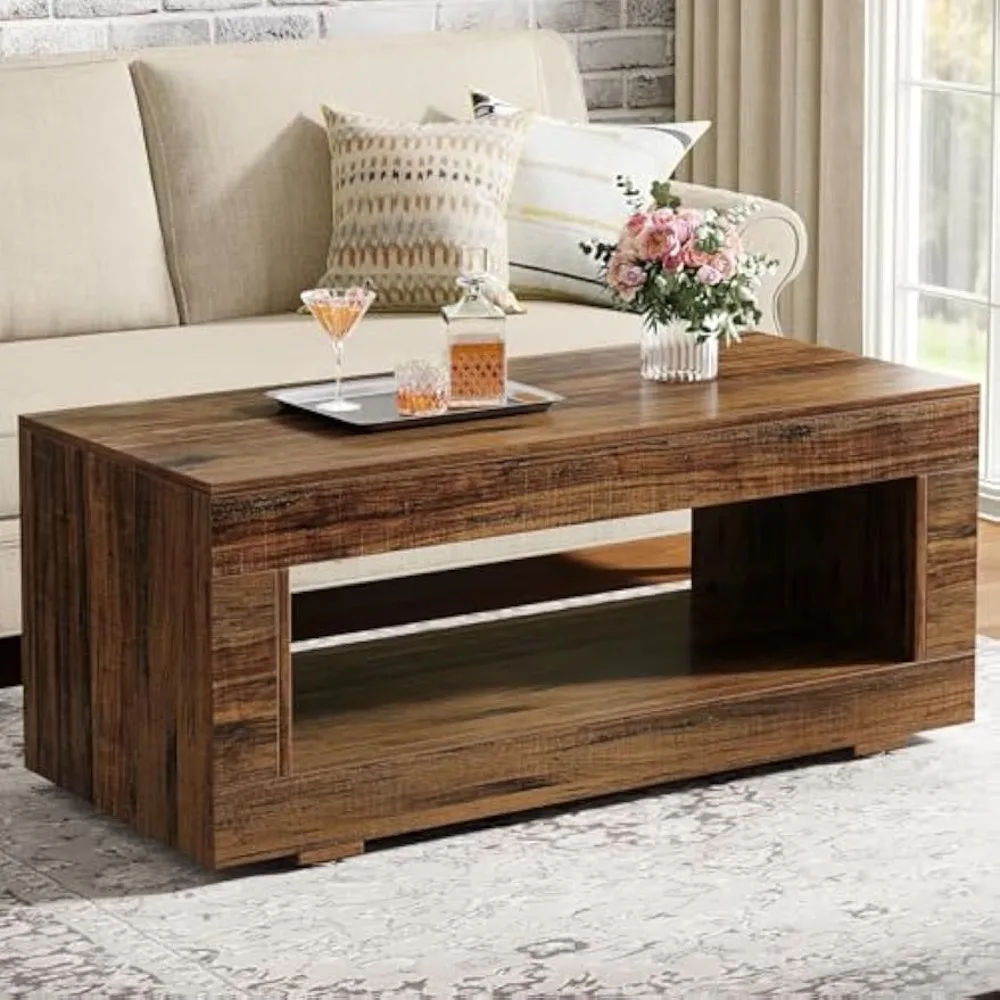 

Wood Coffee Table for Living Room, 43.3" Modern Farmhouse Coffee Table with Storage, 2-Tier Rectangular Center Table Cocktail L