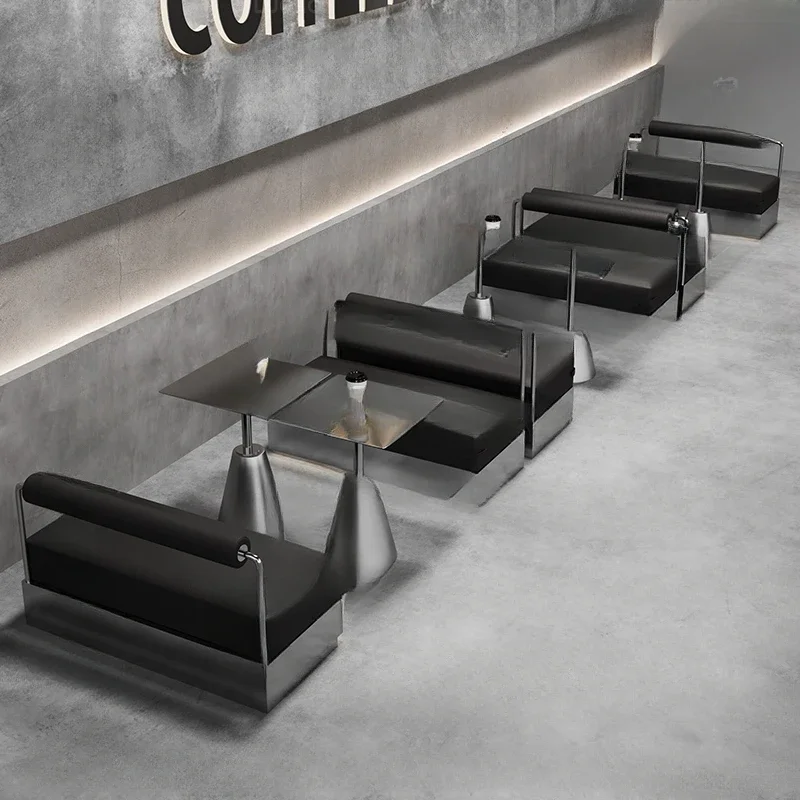 Milk tea shop cafe stainless steel booth sofa industrial style bar restaurant lounge area wall table and chairs
