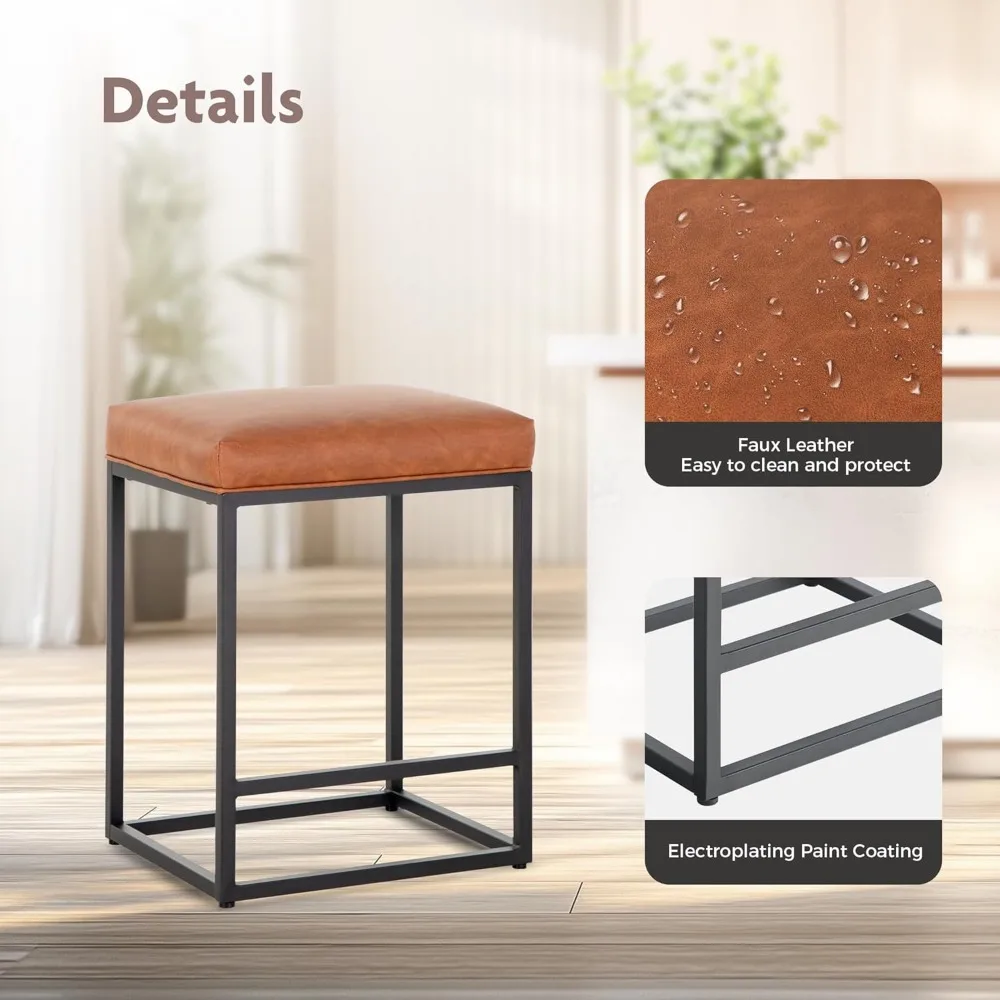 24 Inch Counter Height Bar Stools Set of 3, Upholstered Barstools for Kitchen Island with Faux Leather Cushion