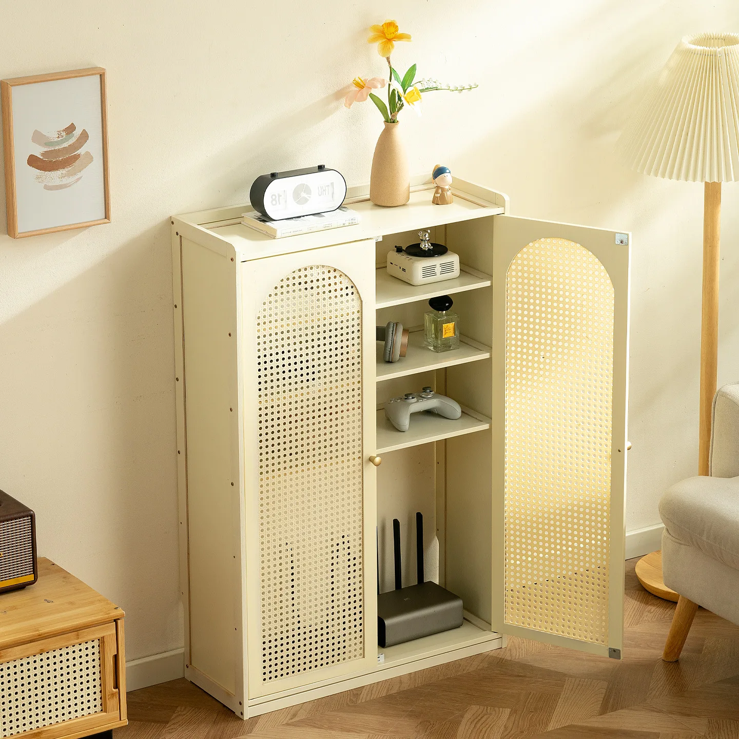 ins wind floor sundries storage finishing rack rattan mesh storage digital equipment living room multimedia shielding locker