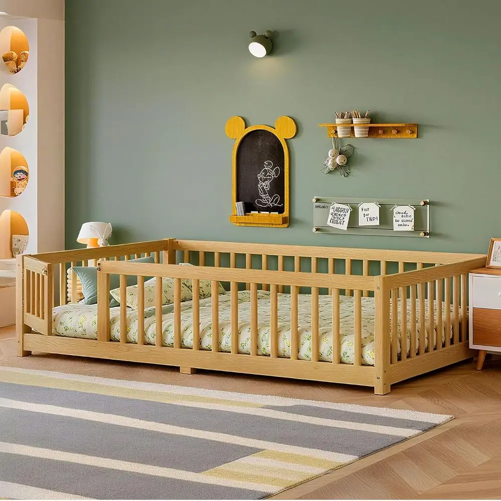 

Bellemave Full Size Montessori Floor Bed Frame with Rails & Door, Solid Wood Kids Floor Bed Full with Removable Slats, Low Profi