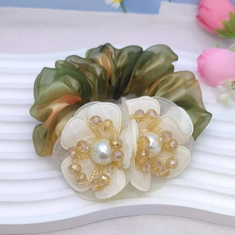 

2 Head Print Organza Hair Ring Rubber Band Headdress Flower Woman Updo Ponytail Moños Para Cabello Mujer 머리끈 Hair Accessories