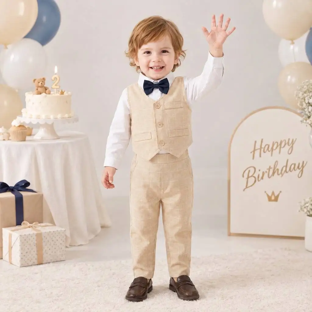 Jungen Gentleman Westenanzug 1-6 Jahre Kinder Geburtstag Frühling Herbst Kleidungsset Kleinkind Kariertes Formelles Hochzeitsoutfit – Detail 2