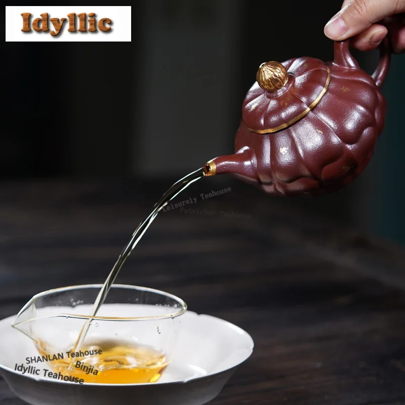 330ml Antique Yixing Purple Clay Teapots Handmade Gold Drawing Prismatic Pot Raw Ore Mud Kettle Zisha Tea Set Accessories Gifts