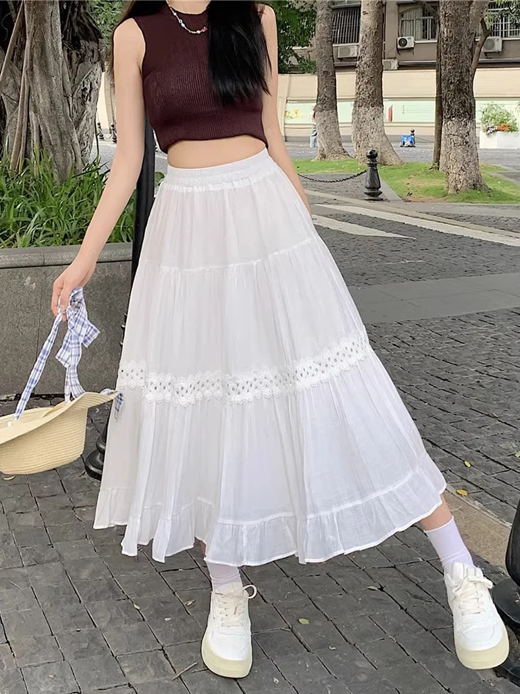 White Lace Long Skirt Women Korean Elegant Hollow Out Midi Skirt Female Fashion Patchwork Pleated High Waist A Line Skirt Ladies