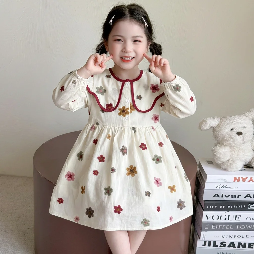 Korean Version Autumn New Kids Clothes Sweet and Cute Lapel Flower Print Long Sleeved Dress for Girls Aged 2-6 Daily Wear