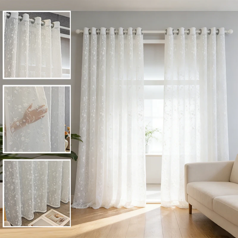 2PCS Korean Dreamy Embossed Leaf Pattern Bedroom Light Filtering Curtain Modern Minimalist Style Living Room Balcony Window Divi