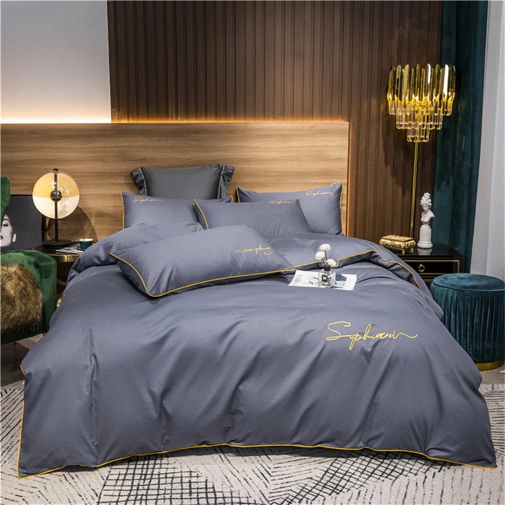 Svetanya Solid Cotton Embroidery Bed Linens Hotel Home Bedding Sets Sheet Pillowcase Duvet Cover Set
