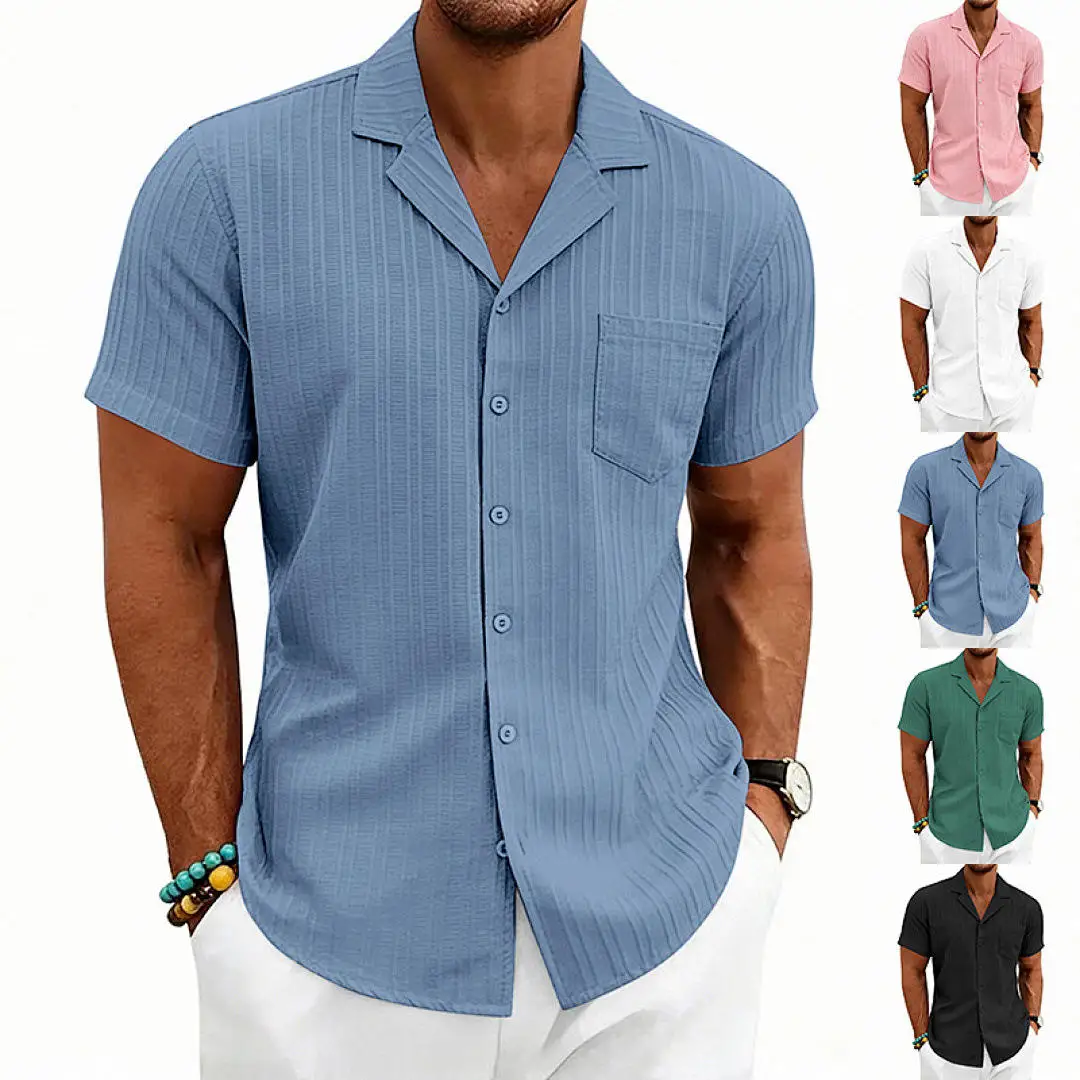 

Casual Cuban Collar Short Sleeve Shirt Men's Loose Pure Color Wave Pattern Large Size Simple Design Spring Summer Fashion