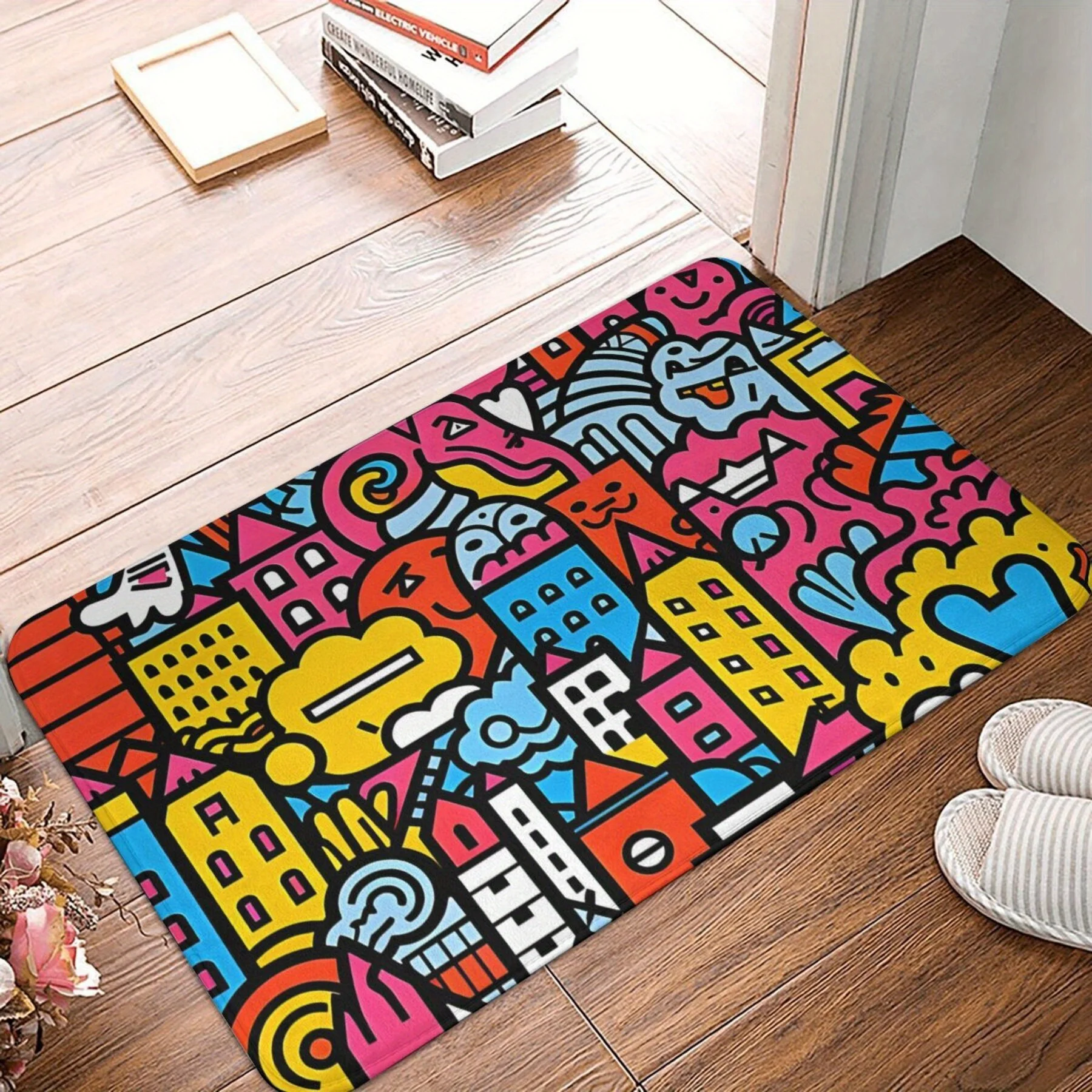 Colorful Cartoon House Pattern Door Mat for Entryway Home Floor Mat Washable House Shoes Mat