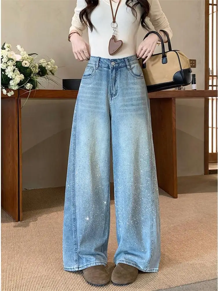 

Корейские модные джинсы с высокой талией, широкими штанинами и стразами, женские, весна 2026, повседневные, синие
