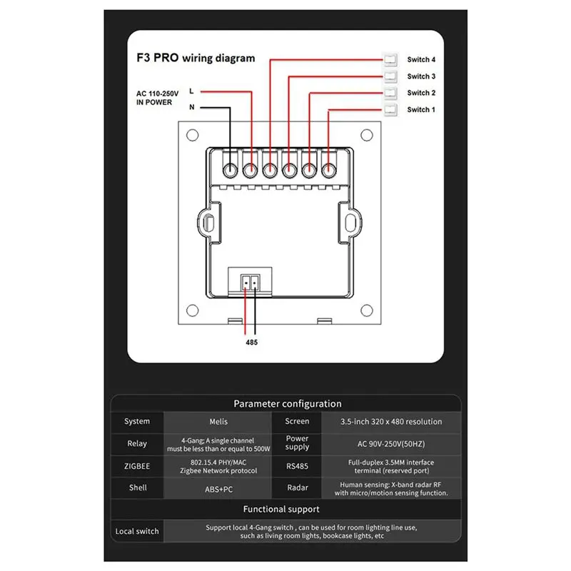 ABQU 6pcs 3.5 Inch Smart Wall Switch Touch Screen, Tuya Zigbee 4 Groups Switch 8-Way Scene for Radar Sensor Dimming Switch for