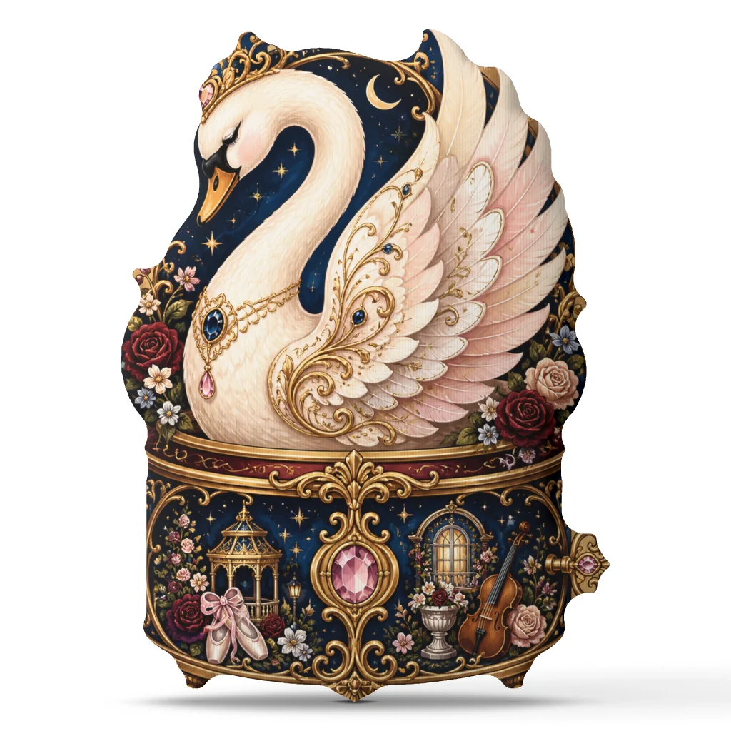 Royal Swan Music Box Pillow Ballet Violin Throw Cushion Ornate Fantasy Plush Stuffed Shaped Romantic Home Decor Keepsake Gift