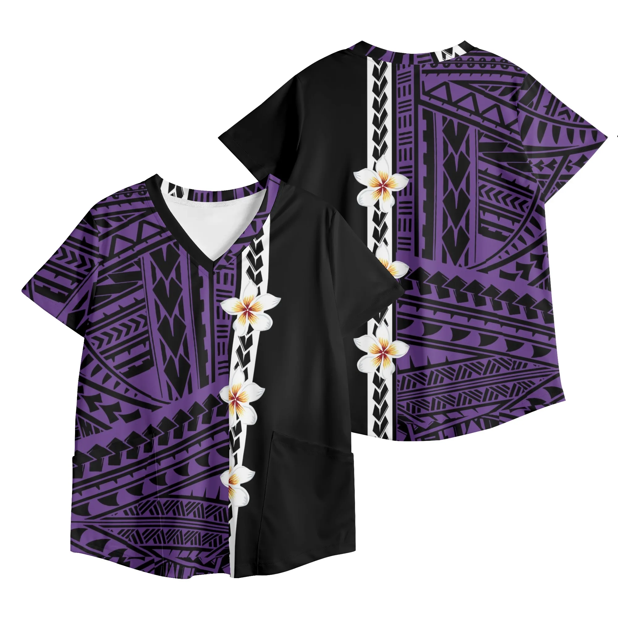 

Women Nursing Uniform Short Sleeve V-Neck Nurse Women Summer Short Sleeve Tops Polynesian Style Women Tees