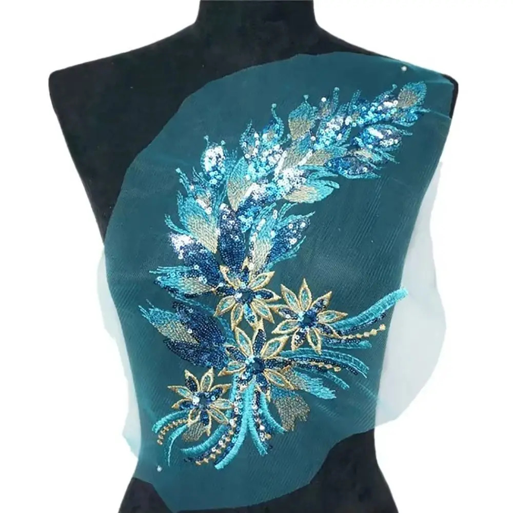 Blue Black Gold Sequined Embroidery Patches Lace Trims Mesh DIY Lace Fabrics Applique Clothing Applique