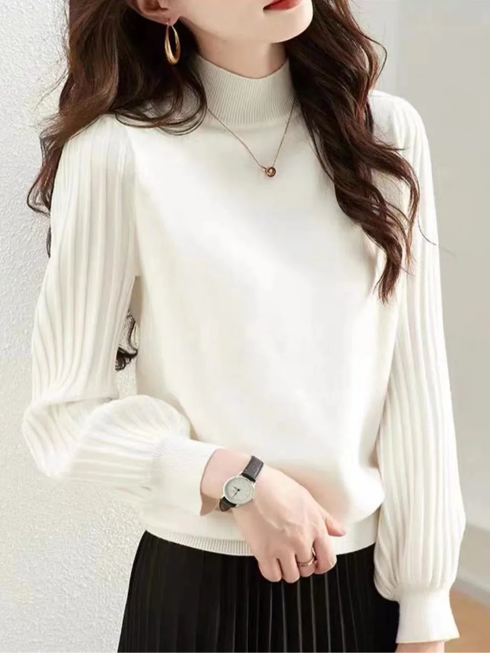 

Loose Knitted Half-High Collar Sweater Autumn Winter Inner Wear T-Shirt Women's Comfortable Soft Cashmere Polyester Blend