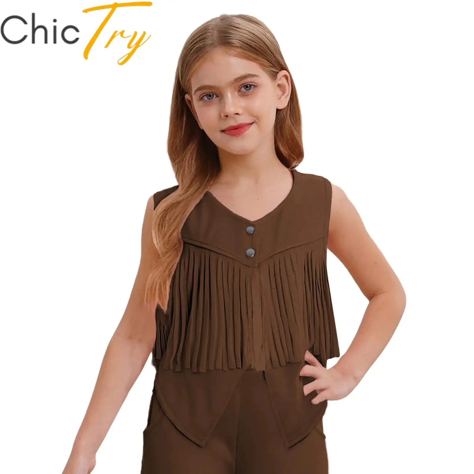 

Kid Boys Girls Western Cowgirl Cosplay Costume Role Play Halloween Carnival Waistcoat Sleeveless Vest Faux Suede Fringe Dress Up