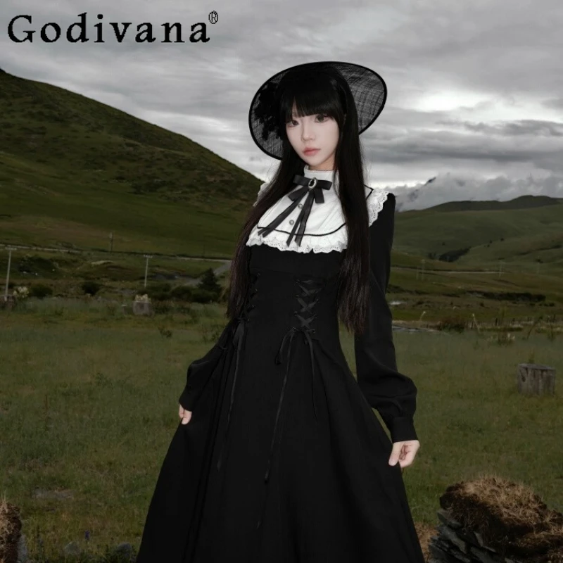 

Autumn Original Design Lolita Dress Women's French Retro Elegant Waist Cinching Dress Female Japanese Style Lace Long Dress