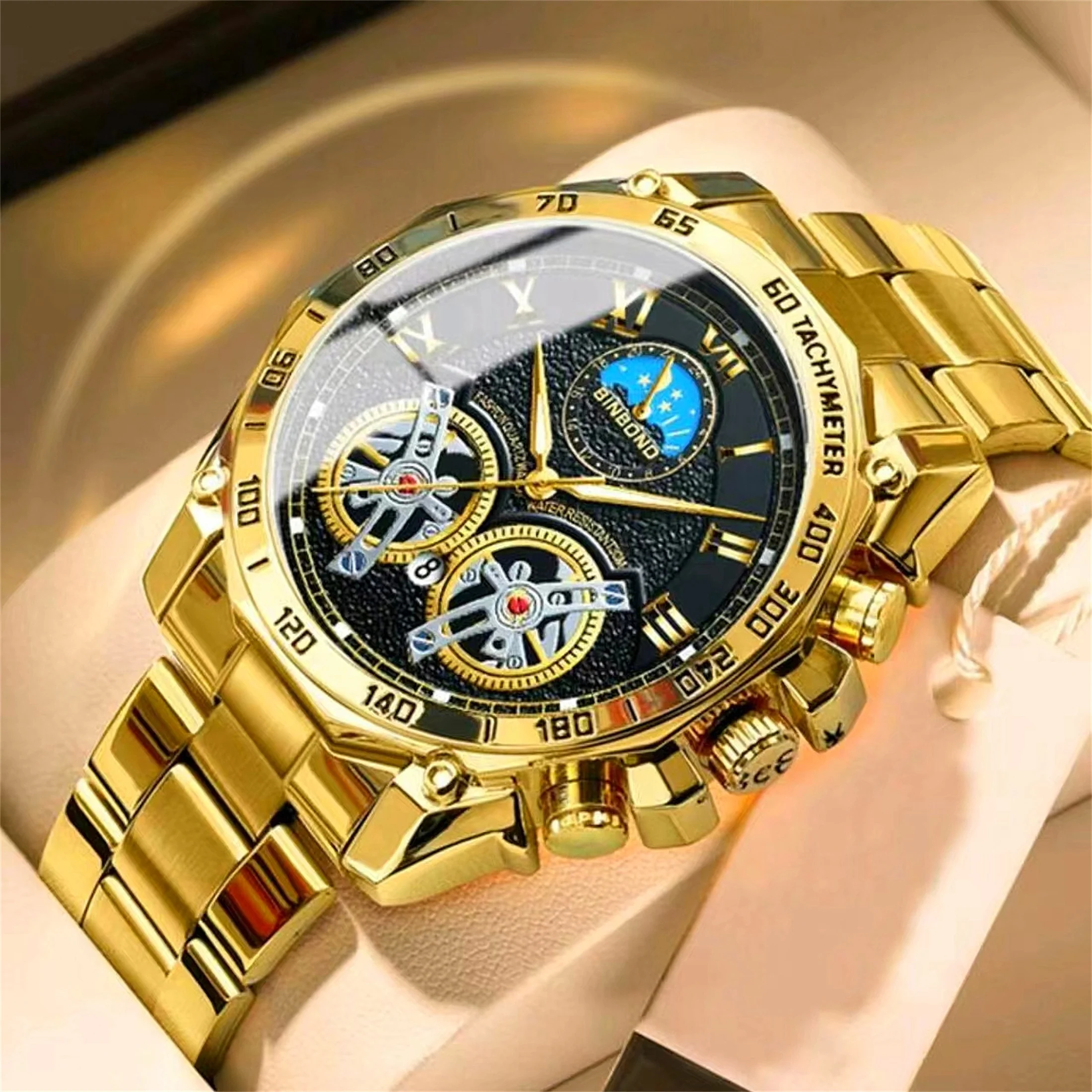 BINBOND Brand Commerce Men Stainless Steel Watch Back Light Complete Calendar Water-Resistance Watch Festival Birthday Gift Box