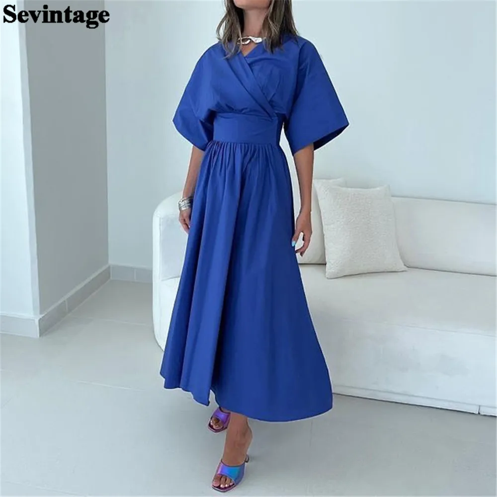 

Sevintage Simple Royal Blue Saudi Arabic Evening Dress V-Neck Pleated A-Line Ankle Length Prom Dresses فساتين مناسبة رسمية 2023