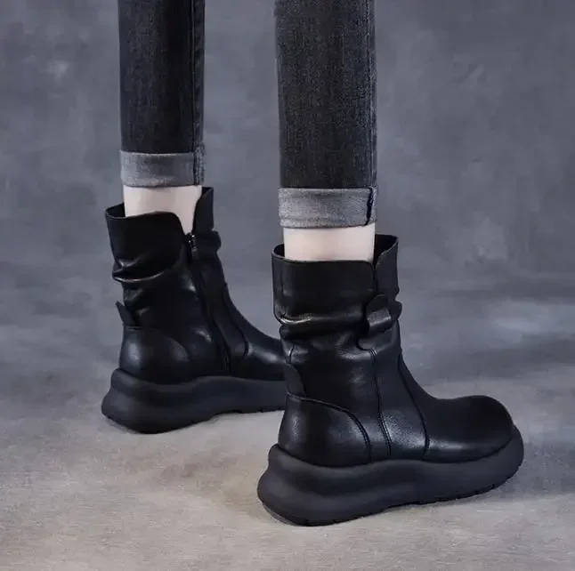 Qualidade superior 5cm mulheres meados de bezerro botas de couro genuíno plissado lado zip retro plataforma cunhas 2025 inverno botas quentes tamanho grande 43