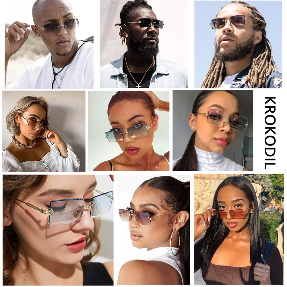 Men's Sunglasses Retro Sunglasses for Men Women Tinted Lens Metal Frame Vintage Rimless Rectangle Glasses UV400 Protection image 6