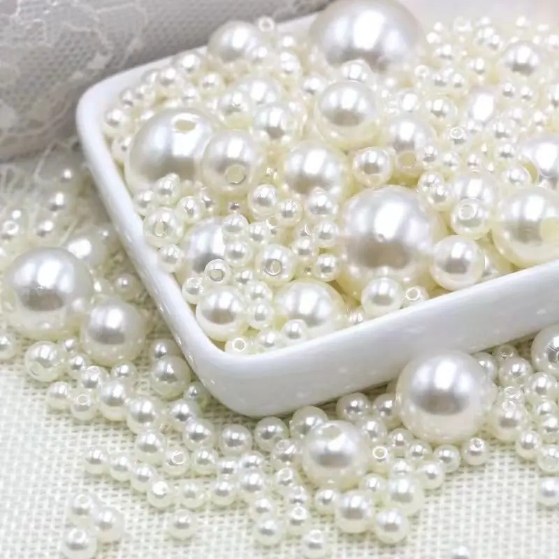 3mm-12mm  size  Pure White/Ivory Pearl wtraight holes round imitation plastic pearl beads for needlework & Jewelry Making