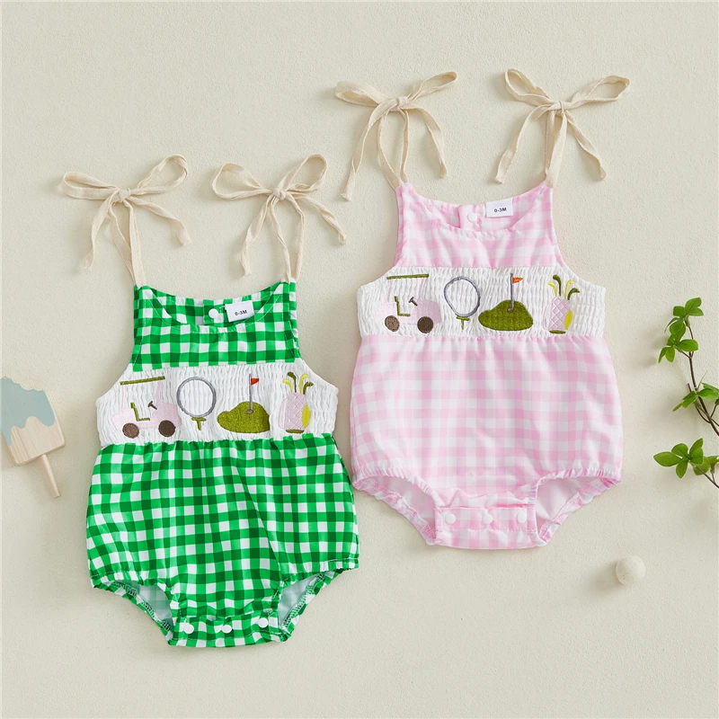 

Baby Clothing Summer Infant Toddler Girls Clothes Baby Stylish Golf Embroidery Plaid Sleeveless Spaghetti Strap Rompers Jumpsuit