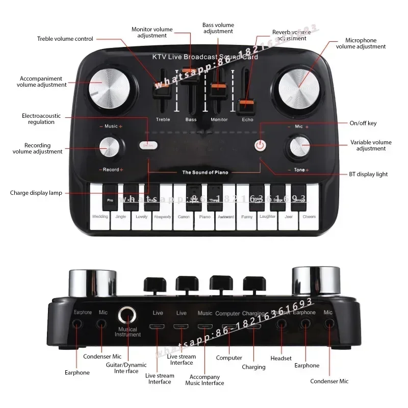 1pcs 5164 Live Sound Card Piano Shape Audio Recording Desktop Singing BT Wireless Lossless Transmission Plug And Play Voice Ch