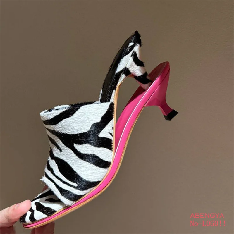 2025 Summer Leather High Heel Slippers Women Sandals Kitten Double Heels Mules Slides Designer Party Dress Shoes For Women