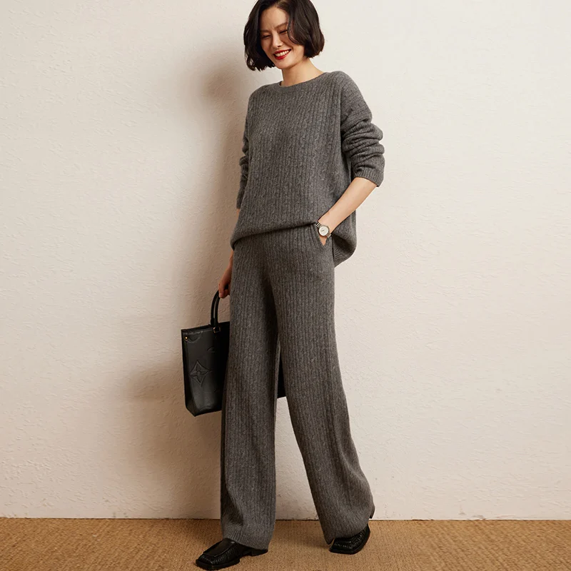 Fashion Suit Autumn Winter 100% Cashmere Knit High Quality Sweater Women Tops And Wide Leg Pants Two-Piece Female Girl Clothing