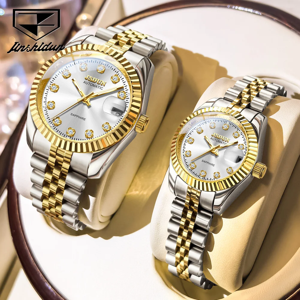 JSDUN ساعات الزوجين الفاخرة الأزياء الجميلة الصلب أعلى العلامة التجارية الأصلية التلقائية الميكانيكية ساعة اليد للماء رجل وامرأة ووتش