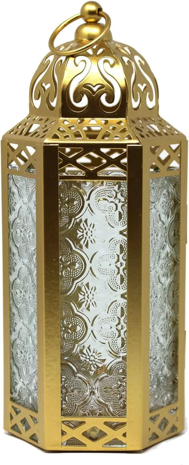 

Золотой марокканский фонарь для свечей, 10,5 дюймов, прозрачный стеклянный декоративный подсвечник для интерьера и экстерьера, для свадеб, Рамадана