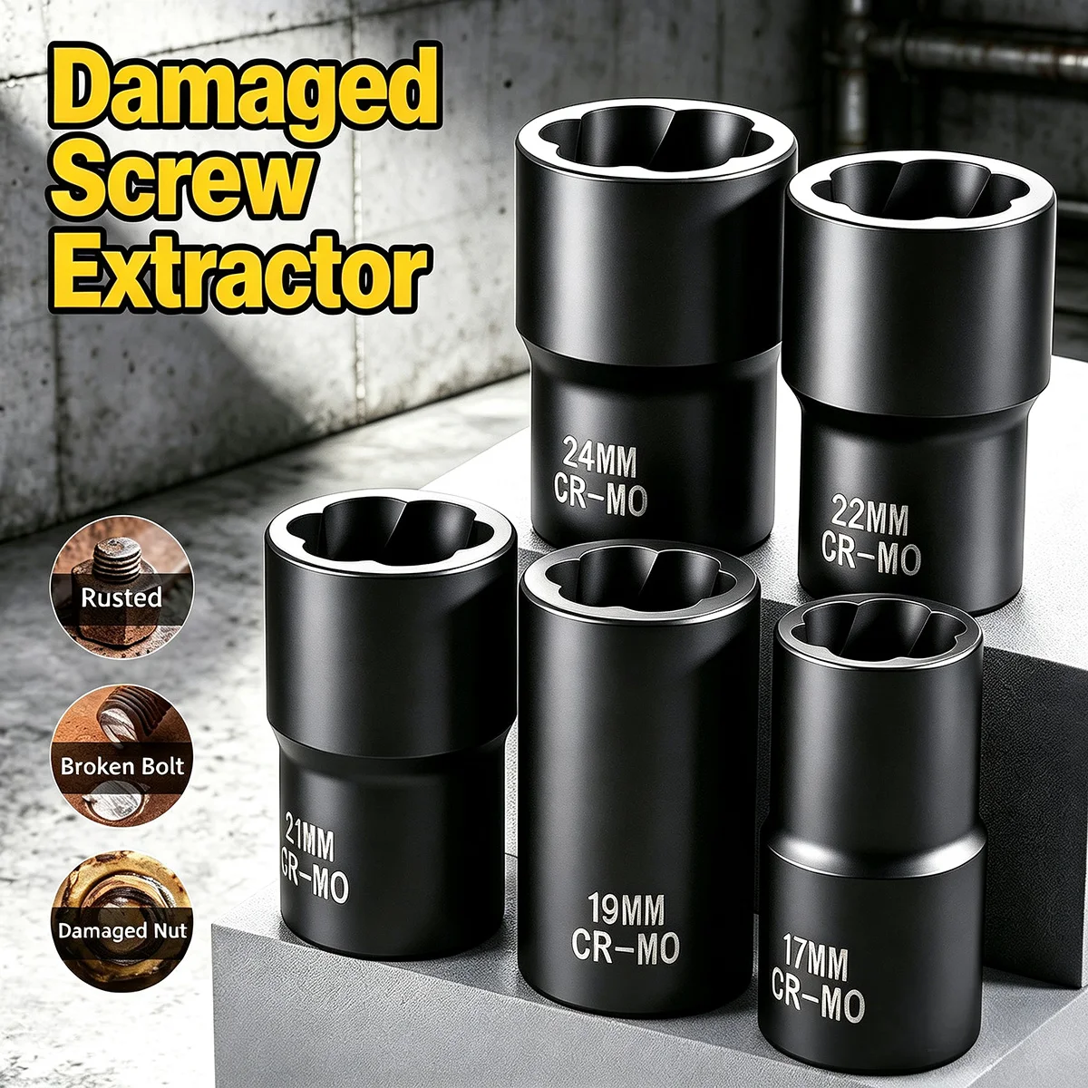 Hochleistungs-Radmutternentferner 17-24mm Hochdrehmoment-Set zum Entfernen Beschädigter Schrauben 1/2" Antrieb Drehsteckschlüssel für Bohrmaschine und Schlagschrauber