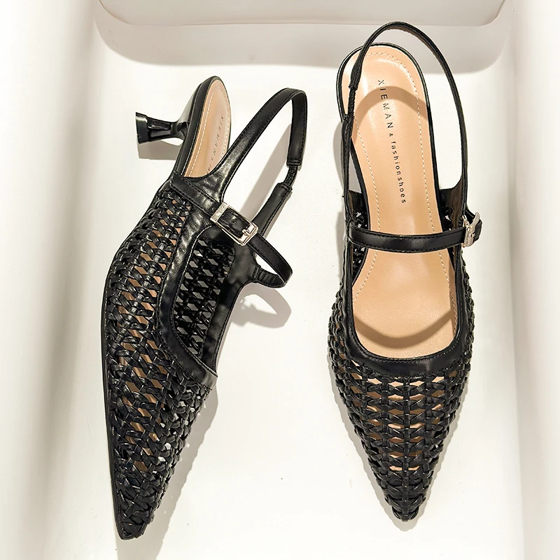 

Дизайнерские женские босоножки на высоком каблуке с острым носком, плетеные, с вырезами, дышащие, летние 2026, новые, с декоративным ремешком, в корейском стиле