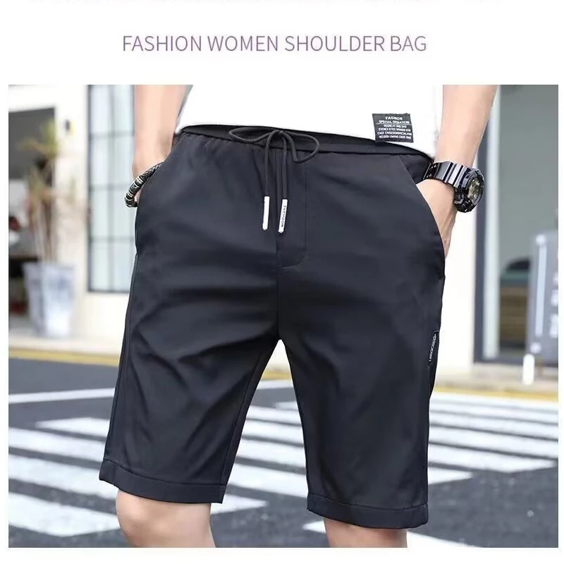 Summer thin breathable ice silk shorts for men, slim fit casual mid length pants, sport quick drying five quarter pants for men