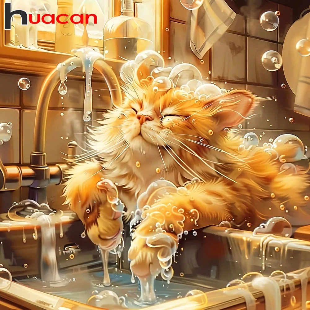 Huacan Neuheiten 2026 Diamantmalerei Katze beim Baden Diamant-Stickerei Tier Komplettset Bild aus Strasssteinen