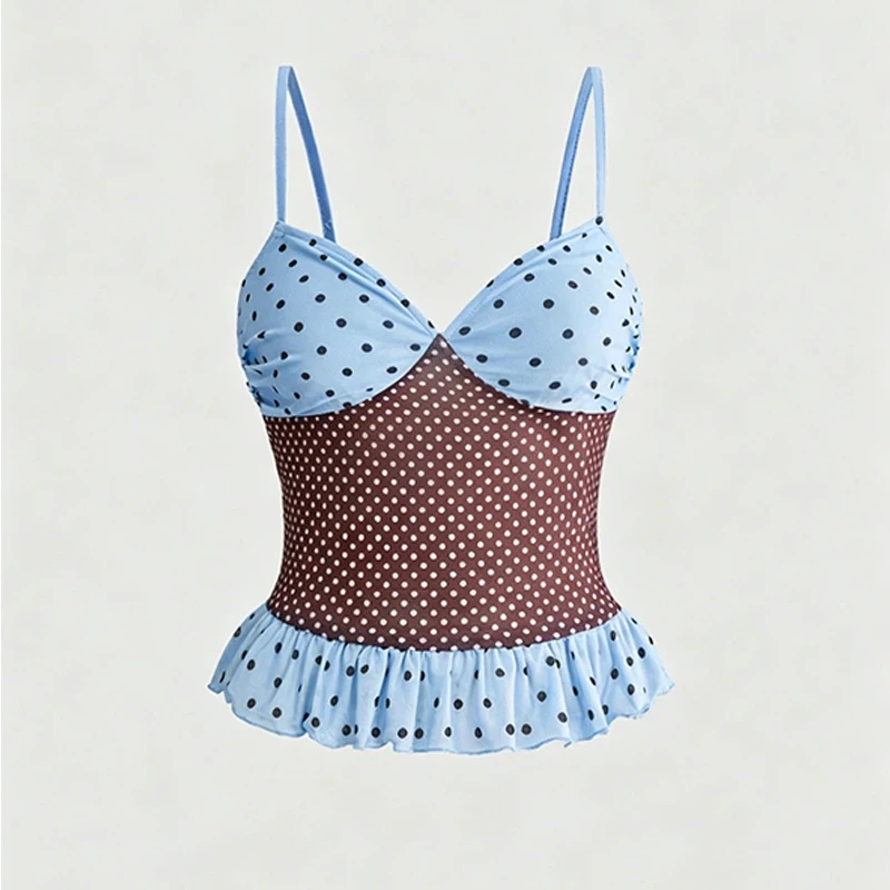 Korean new contrast atmosphere polka dots ruffled thin shoulder straps V-neck top slim sexy Joker vest Ins Style