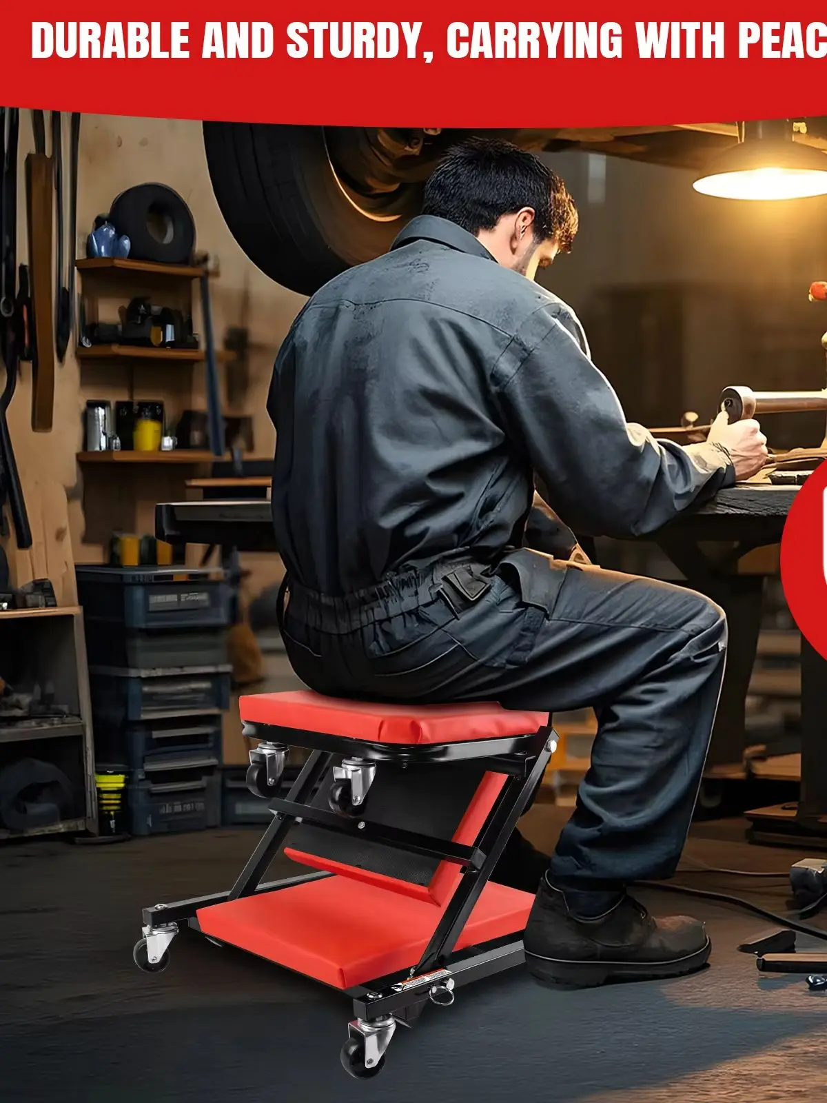 Mechaniczne siedzisko z funkcją podpórki, składane siedzisko i podpórka 2 w 1, mechaniczne siedzisko z poduszką o długości 36 cali, z miękką podkładką i kółkami, przenośne siedzisko do warsztatu, — 2