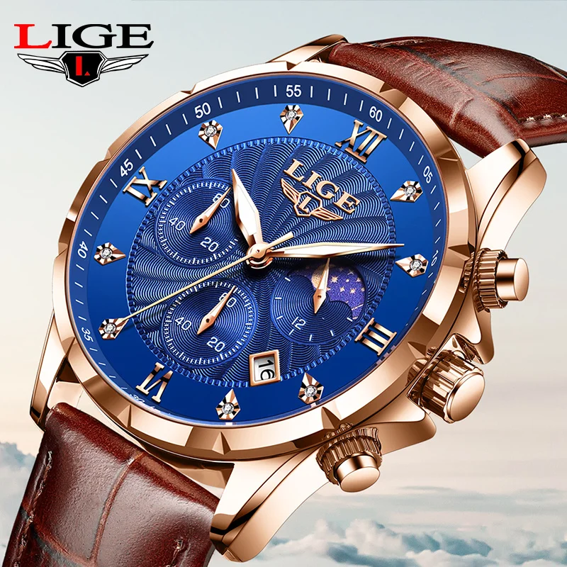 

LIGE Mens Watches Casual Business Man Watch Luxury Luminous Chronograph Date Waterproof Wristwatch Quartz Watches Leather Clock