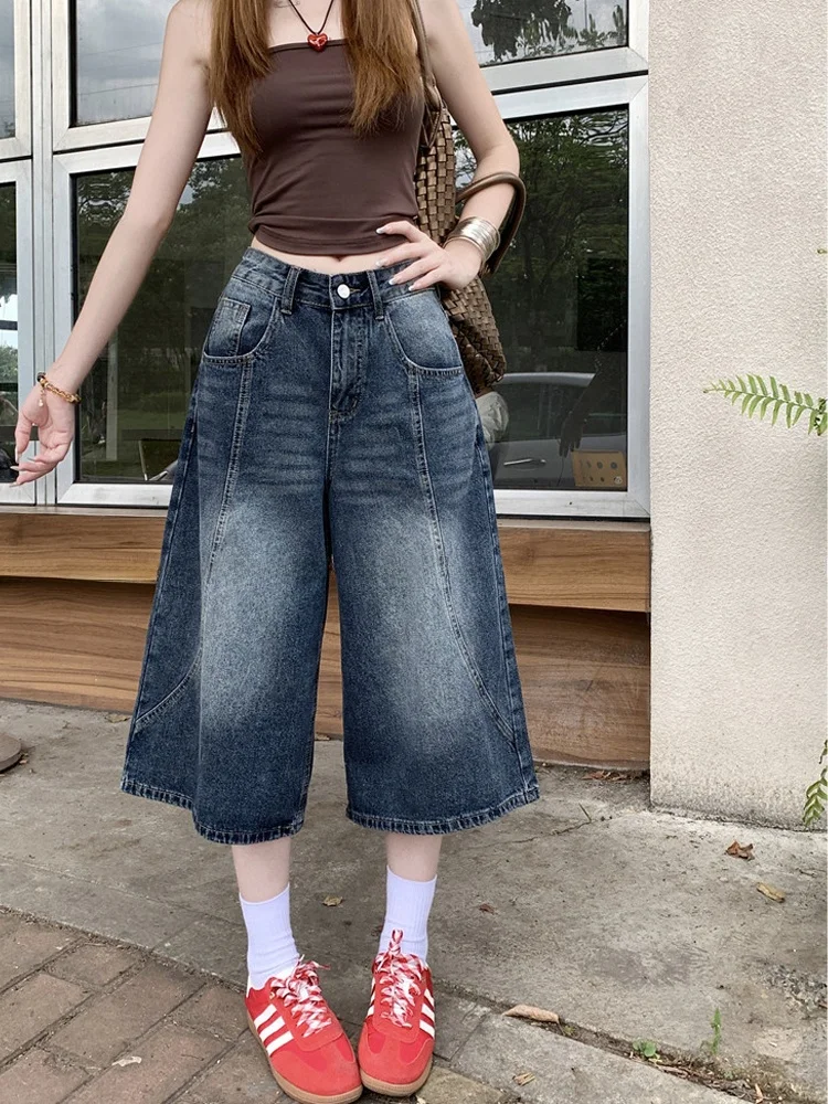 

Retro Washed High Waist Wide Leg Seven Inch Jeans Women's Fashionable American Style Casual Blue Denim Pants Summer 2026