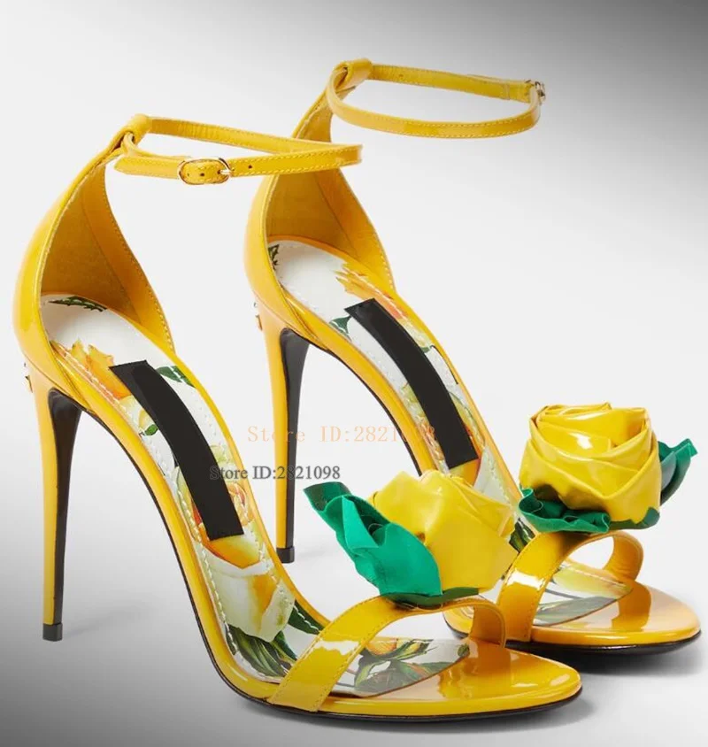 Yellow Floral Applique Patent Leather Thin Heeled Sandals Round Open Toe Women\'s High Heel Ankle Wrap Show Shoes